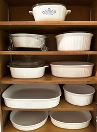 9 Casserole Dishes, Mostly Corning Wear, One New In Factory Plastic