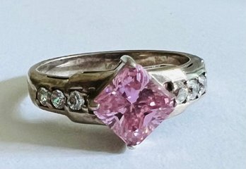 VINTAGE STERLING SILVER PINK & WHITE CZ RING