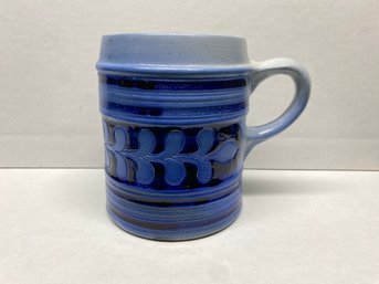 Huge Salt Glazed Pottery Mug With Blue Decoration. 5 5/8' Tall. Base Measures 4 7/8' Across.