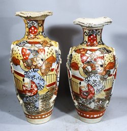 Two Similar Pottery Satsuma Tall Vases Antique