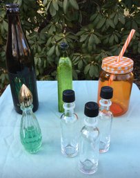 Lot Of Vintage Colored Glass Bottles With Nice Orange Jar