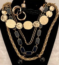 Vintage Jewelry Lot 3 - Gold Tone - Cream Blue Black - Bracelet - Necklaces - Earrings - Chunky