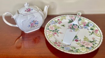 Andrea By Sedek Floral Cake Plate & Server And Sadler Teapot