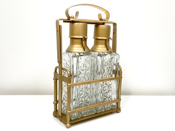 Crystal And Brass Tone Oil And Vinegar Dispensers On Caddy