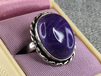 Wonderful 925 / Sterling Silver Cocktail Ring With Polished Charoite - Lovely Deep Color - VERY PRETTY !