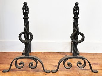 A Pair Of Massive Antique Wrought Iron Andirons