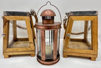 Vintage Metal Candle Lantern & 2 Wooden Candle Lanterns With Rope Handles