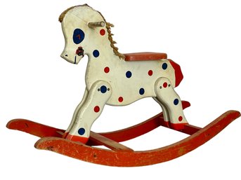 Mid 20th Century Fritzel  Wooden Rocking Horse With Blue & Red Polka Dots