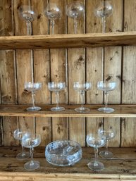 Set Of 12 Vintage Champagne Glasses And Pressed Glass Divided Dish