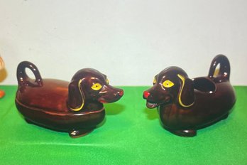 VTG Pair Of Dachshund Creamer & Sugar Bowl Figurines Ceramic -Mid Century