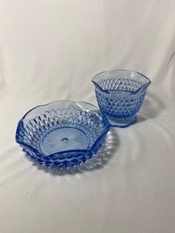 Vintage Indiana Glass Diamond Point Regal Blue Mayonnaise Bowl And Underplate Set