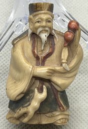 Antique Japanese Carved Netsuke Of An Immortal- Polychrome Painted- Artist Signed