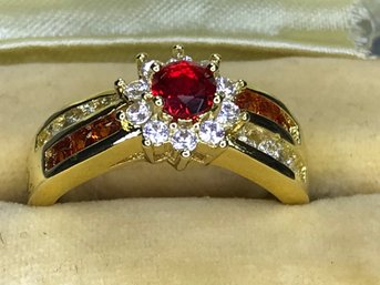 Lovely Brand New Sterling Silver / 925 Ring With 14K Gold Overlay With Garnet / Orange & White Topaz - NICE !