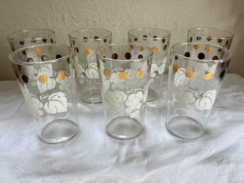 Vintage Set Of Seven MCM Glass Tumblers With Grapevine & Gold Dot Pattern