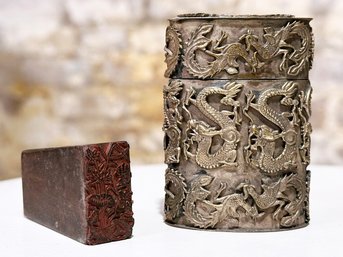 A Block Print And Antique Dragon Motif Jewelry Or Trinket Box