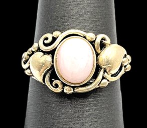 Vintage Sterling Silver Mother Of Pearl With Ornate Hearts Ring, Size 7.8