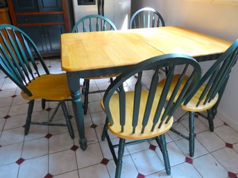Butcher Block Table With Green Accents And 5 Windsor Chairs