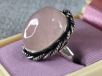 Lovely 925 / Sterling Silver Cocktail With Dome Pink Quartz - Lovely Sterling Silver Rope Trim - NICE !