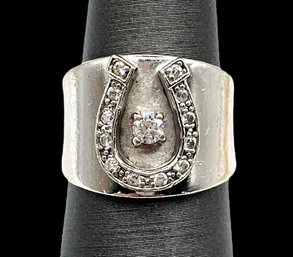 Vintage Sterling Silver Clear Stones Horse Shoe Thick Ring, Size 5