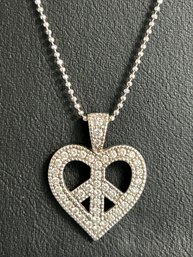 14K White Gold 16' Chain Marked 14K Italy & 585 On Clasp With 1 Inch Heart Charm  & Diamonds Marked 14K