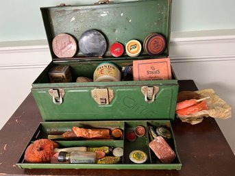 Huge Assortment Of Vintage Cosmetics & Compacts In A Green Metal Case