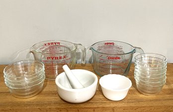 Pyrex- Two One Quart Handled Measuring Cups, Custard/ Prep Cups And Mortar & Pestle