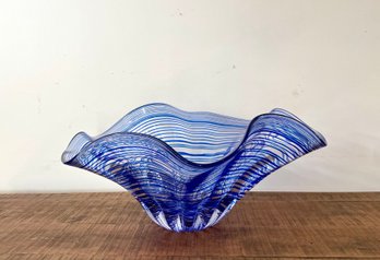 Very Large Blue Striped Blown Glass Handkerchief Bowl