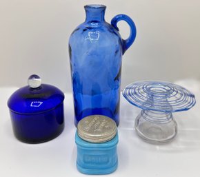 Blue Glassware: Antique Bottle, Covered Jar, Cold Cream Jar With Lid & Wire Wrapped Candle Holder