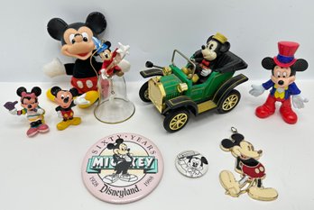 9 Vintage Disney Mickey Mouse Figurines & Pins Including 1981 Masudaya Corp. Car