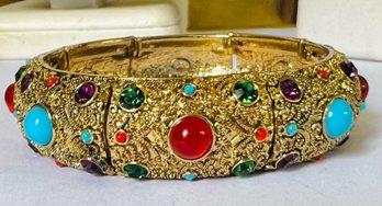 GORGEOUS SIGNED GRAZIANO GOLD TONE JEWELED STRETCH BRACELET