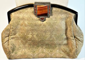 Carnelian Stone  Sterling Silver Framed French Tapestry Purse