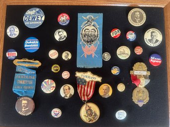 Vintage Political Buttons & Pins In Shadowbox Frame