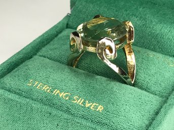 FABULOUS Large 925 / Sterling Silver Cocktail Ring With 14K Gold Overlay And Large Light Green Topaz - WOW !