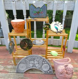 Garden Lot Of Wood Stand Pottery Vases Chimes Sun Catchers & Stained Glass