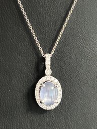 18 K White Gold Star Sapphire W/diamonds Pendant On 18K White Gold Chain 5 Gram Weight