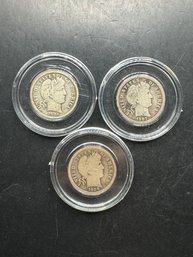 3 Barber Silver Dimes 1906, 1907, 1908