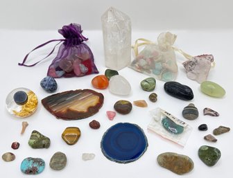 Over 40 Pieces: Natural Quartz, Agate, Gold Flakes, Rocks & Other Semiprecious Stones