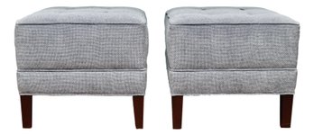 Pair Of Tailor  Mid-Century Style Piped And Tufted Grey Square Ottomans With Tapered Block Legs