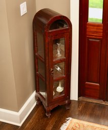 Small Arched Wood Curio Cabinet  With Framed Glass And Wood Shelving