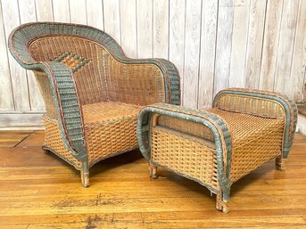 A Fabulous Vintage Wicker Arm Chair And Ottoman