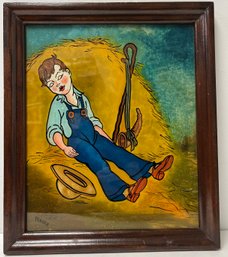 Vintage 1950s 1960s Framed Reverse Painting On Glass - Yeager - Shepherd Boy In Overalls Napping - Hay Stack