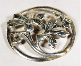 Large Circular Floral Design Vintage Sterling Silver Brooch