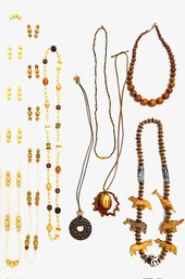 Grouping Of Earthy Wooden & Carved Bead Necklaces - 8 Pieces