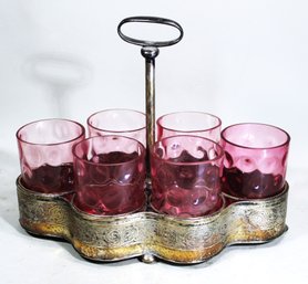 Art Deco Cranberry Glass Tumbler Drinking Caddie Silver Plated