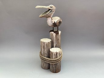 Wood Pelican Dock Post Sculpture