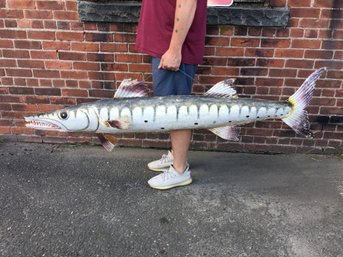 Fabulous Vintage Tin Fish Trade Sign - VERY LARGE - Over 5.5 Feet - All Hand Painted - Great Rusty Patina