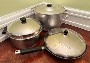 Extra Large Aluminum Pot, Revere Ware Copper Clad Pot & Tools Of The Trade Frying Pan With Cover