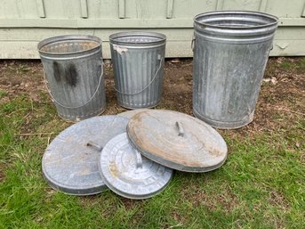 3 Galvanized Garbage Storage Cans With 3 Various Sized Lids
