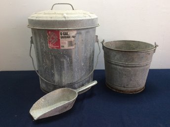 Galvanized Bucket Lot Of 2 With Scoop