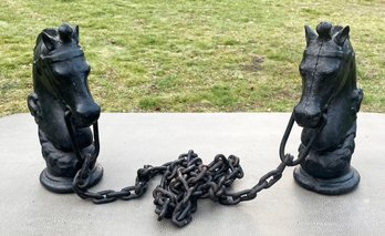 A Pair Of Antique Cast Iron Equestrian Hitching Post Tops And Chain